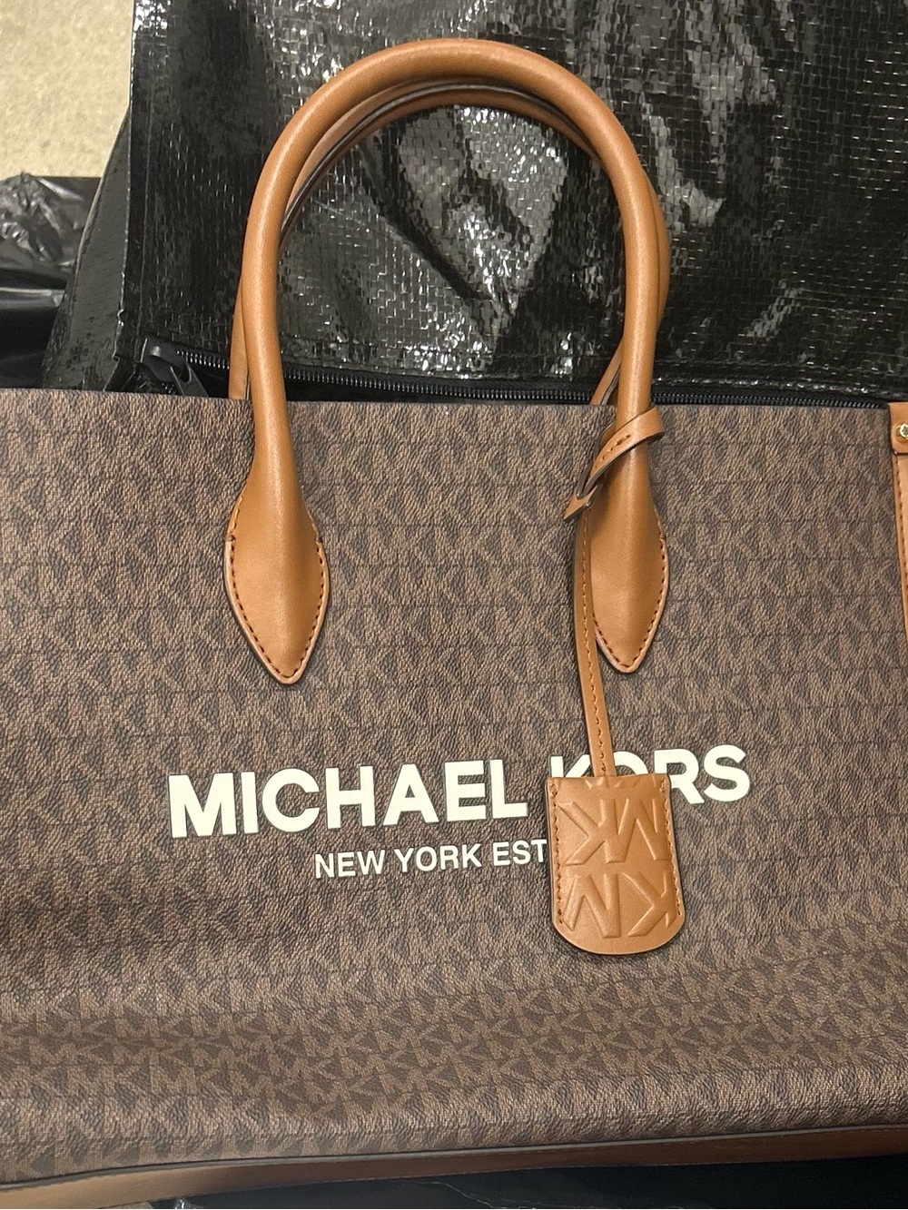 Michael Kors Brown Monogram Tote with Tan Handles and Logo